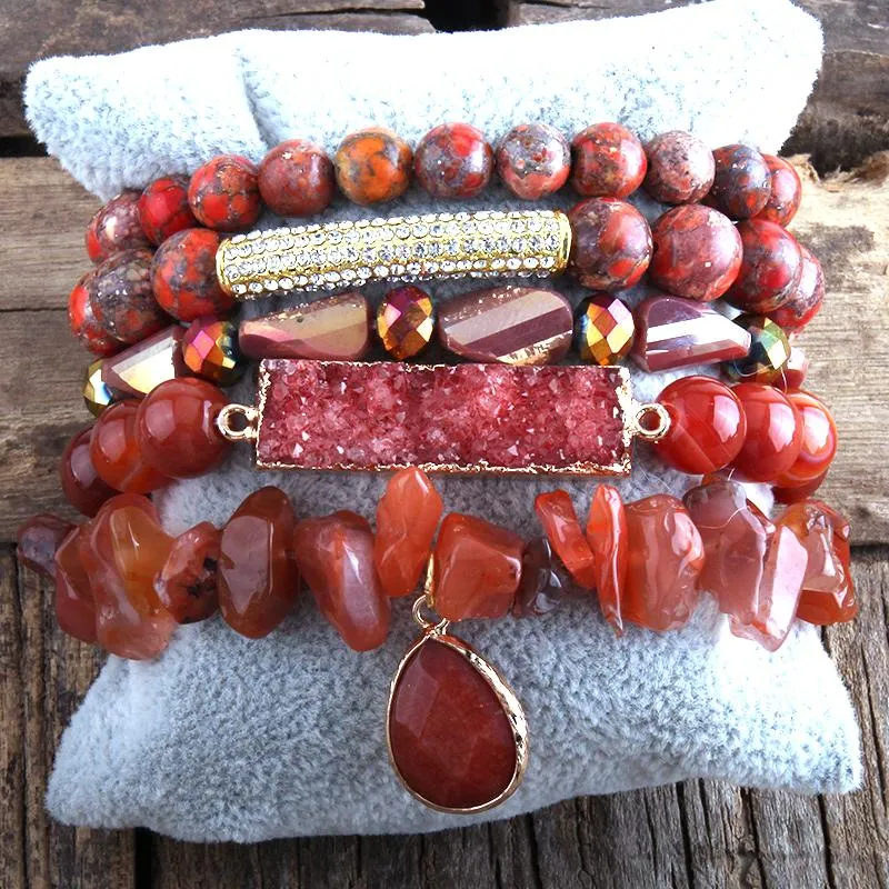 Rh novo designer de moda pedras vermelhas frisado pulseira pedra natural druzy dorp encantos 5pc pulseiras conjuntos para jóias femininas dropship243v