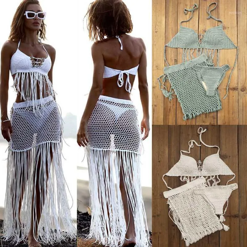 3 Parça Set Çingene Boho El Tığ Bikini Set Kadın Mayo Püskül Etek, Uzun Fringe Beach Etek Net1 ile