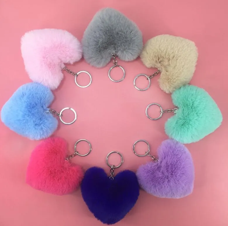 Hot Sale Fake Fur Ball Key Chain Assorted Colors Heart Shape Promotional Bulk  Pom Pom Rabbit Fur Ball Keychain
