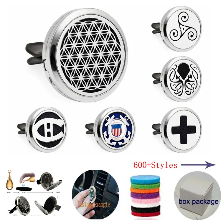 600+ Designs 30mm Öppning Luftfräschare Aromaterapi Essential Oljediffusor Locket med ventilationsklämma (Gratis 10 filtkuddar) K2