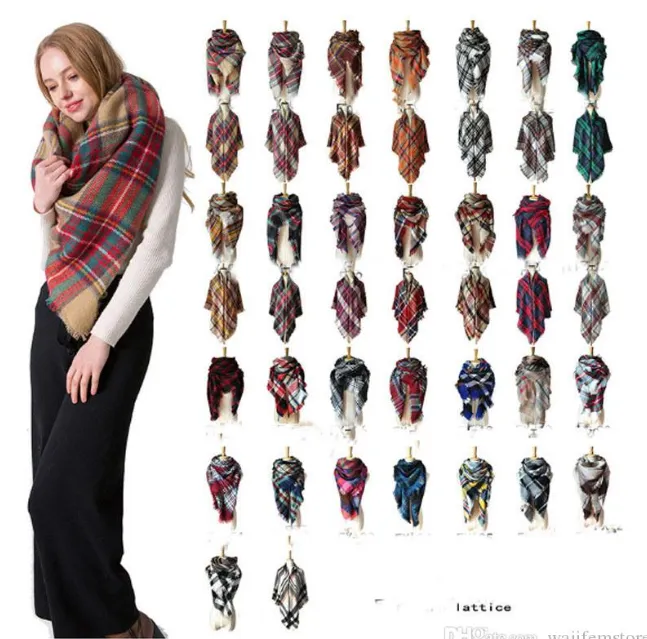 179 Färger Vinter Triangle Scarf Tartan Cashmere Scarf Women Plaid Blanket Scarf Ny designer Akryl Basic Sjalar Kvinnors halsdukar