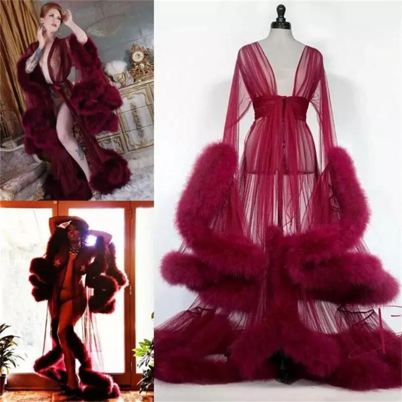 Burgundy Feather Nightgown Robe With Transparent Tulle And Long Overlay