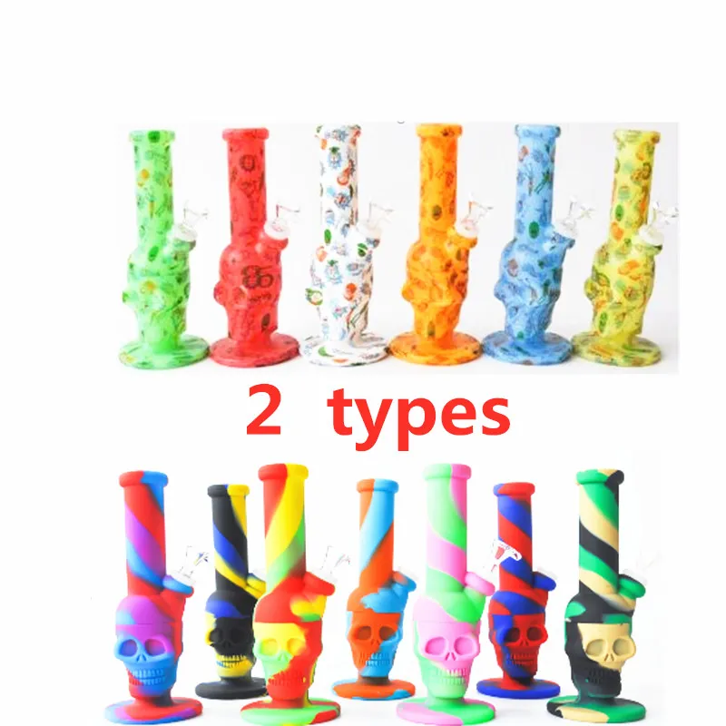 Narguilé Silicone Bongs Crâne type pipe à eau huile fumant bécher capiteux Dab Rigs Percolateurs Perc Amovible Droit Avec Bol En Verre