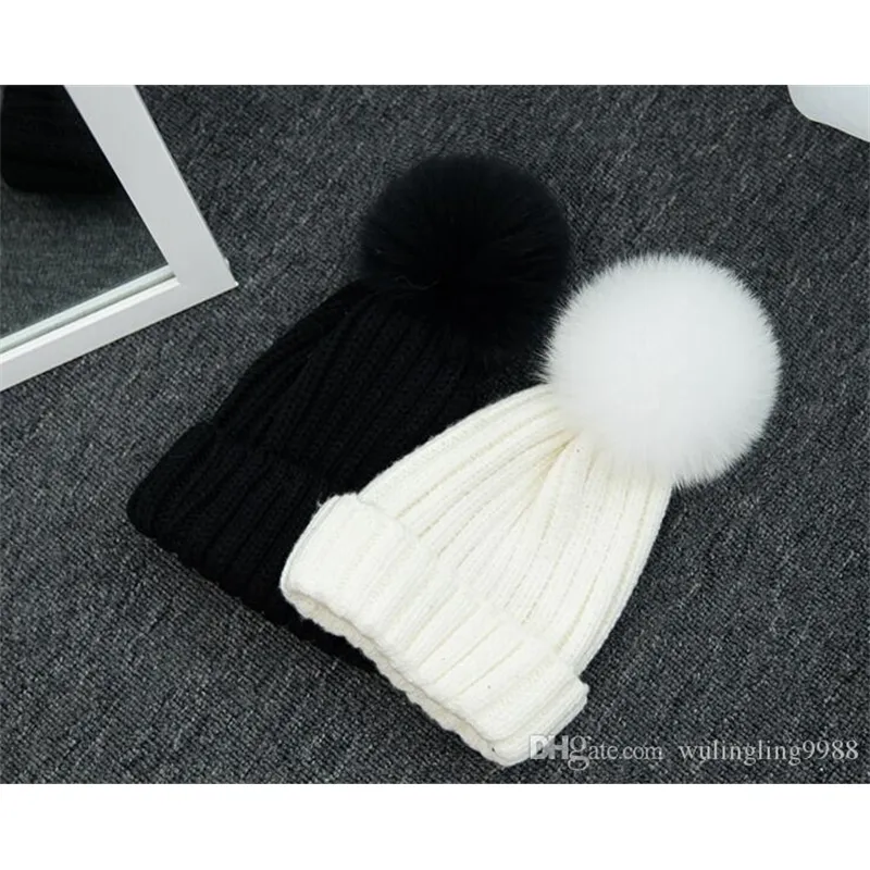 Quality Removable Real Mink Fox Fur Pom Poms Ball Acrylic Beanies Winter Warm Plain Hats Adults Kids Children Slouchy Mens Womens Snow Cap 1