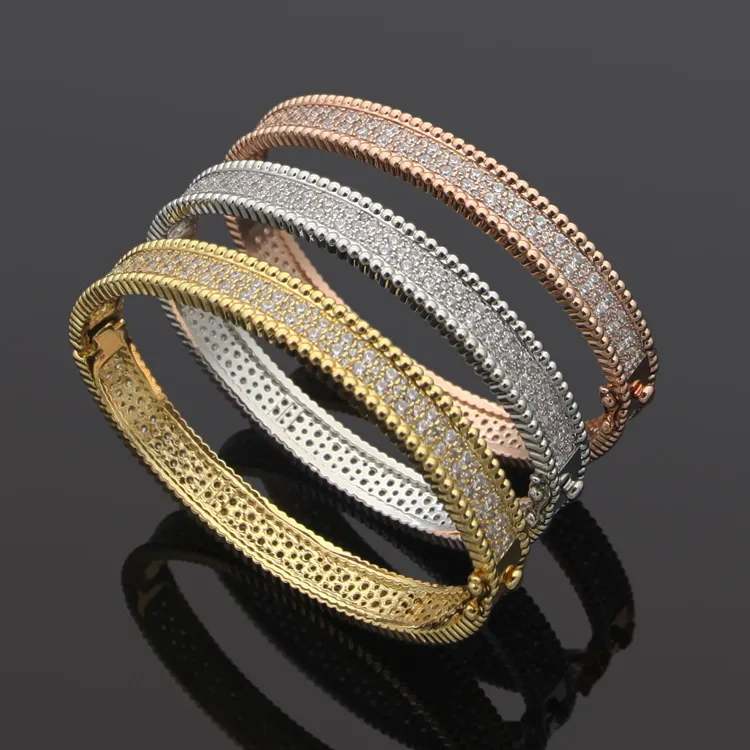 Europa Amerika Mode Stijl Dame Dames Messing Gegraveerde Letter Double Row Diamond Edge Bead Bangle Armband 3 Kleur