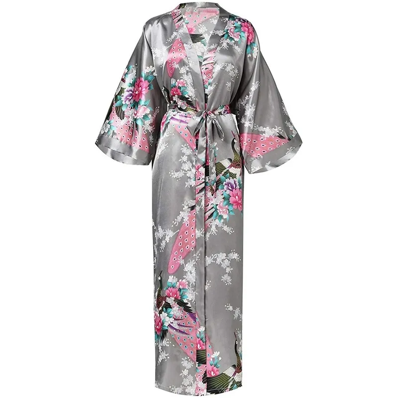 Exquis Imprimer Fleur Femmes Robe Kimono Robe Élégant Gris Long Peignoir Robe Satin Doux Matériel Mariée Robe De Mariée Vêtements De Nuit Y200429