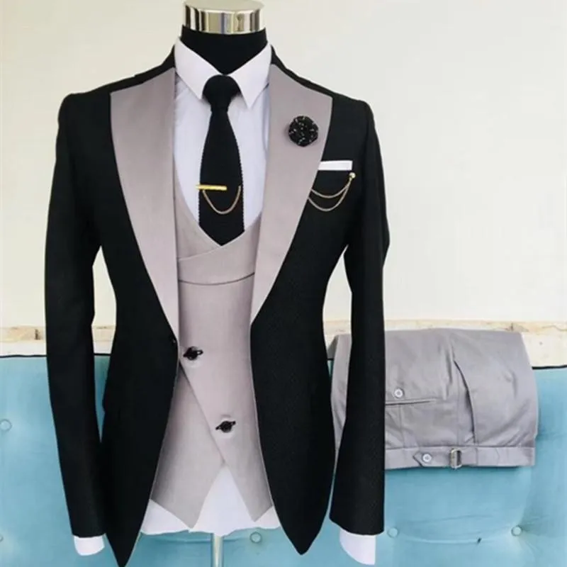 Мужские костюмы Blazers 2021 Последний дизайн серый розовый с черной свадьбой для мужчин Slim Fit Gooom человек вечеринка костюм смокинг 3 шт. Мужская Blazer Jacke