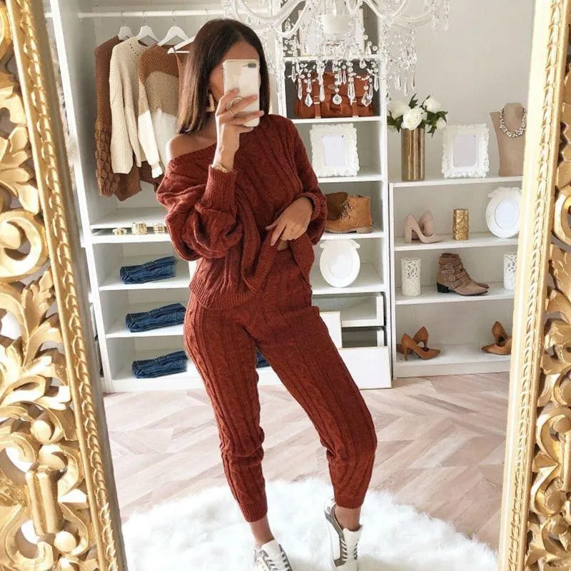 Autumn Winter Women Knitted Two Piece Set Sweater Tops Pants Cable Knit  Twisted One Shoulder Long Sleeve Casual Suits Plus Size From 28,8 €