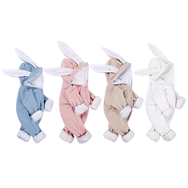 winter baby girl clothes long sleeve hooded rabbit ear Romper new born boy Jumpsuit Fleece costume unisex 0-18M zipper blue pink