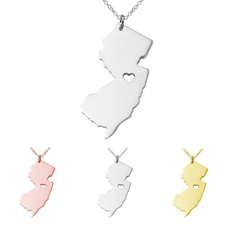 New jersey Map Stainless Steel Pendant Necklace with Love Heart USA State NJ Geography Map Necklaces Jewelry for Women and Men