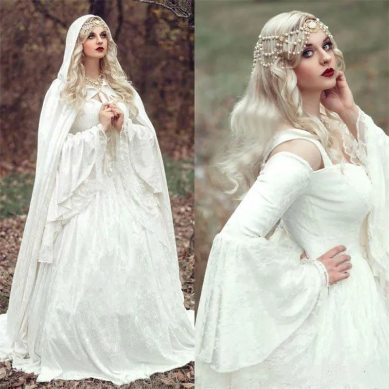 Renaissance Gothique Dentelle A-ligne Robes De Mariée Avec Cape Plus La Taille Robes De Mariée Vintage Cloche À Manches Longues Celtique Médiévale Princesse Robe De Mariée Corset À Lacets