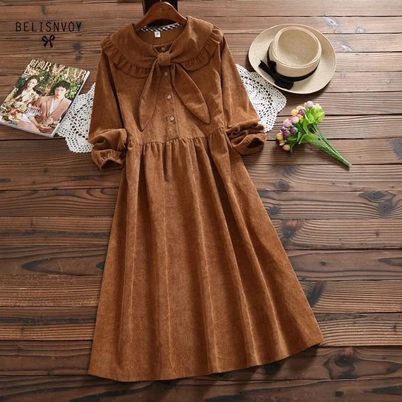 Robe femme höst vinter söta kvinnor klänningar peter pan krage båge lös corduroy vintage elegant klänning vestido longo 201029