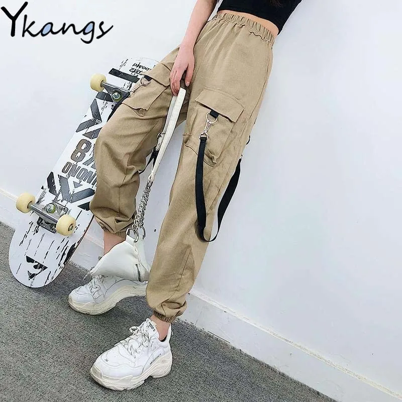 2019 Black High waist Cargo pants women Streetwear Fashion Pocket Loose  Harem Pants Casual joggers Hip hop Women's Trousers