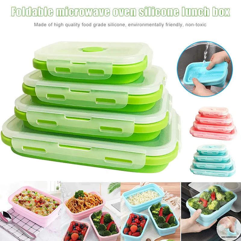 4pcs / set Silicone Lunch Box Ciotola portatile Contenitore per alimenti pieghevole colorato Lunchbox Eco-Friendly Silicone Camping Lunch Boxes 201015