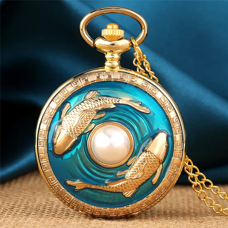 Montres antiques vintage Poissons avec couvercle en perles, boîtier doré rétro, montre de poche à quartz pour hommes et femmes, collier, chaîne, affichage des chiffres arabes