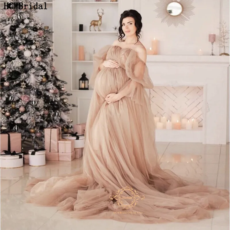 M s el tama o de las mujeres embarazadas vestido de noche Champagne fuera del hombro de manga larga cors largo vestidos formales madre e hija