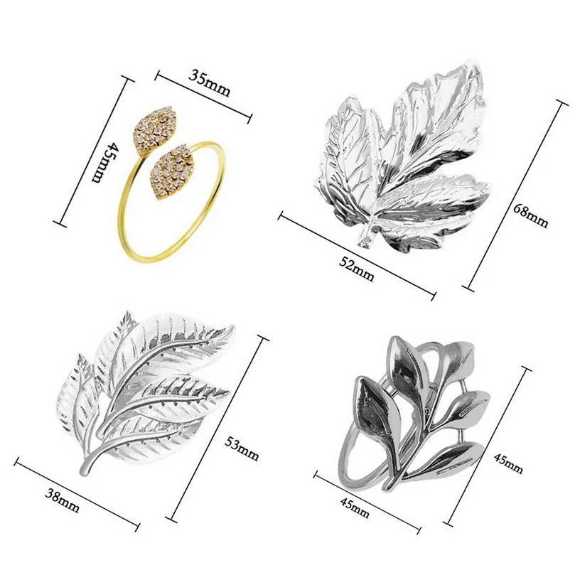6pcs/세트 냅킨 링 세트 금 식탁 장식 잎 금속 냅킨 홀더 하와이 냅킨 버클 웨딩 파 jllooo