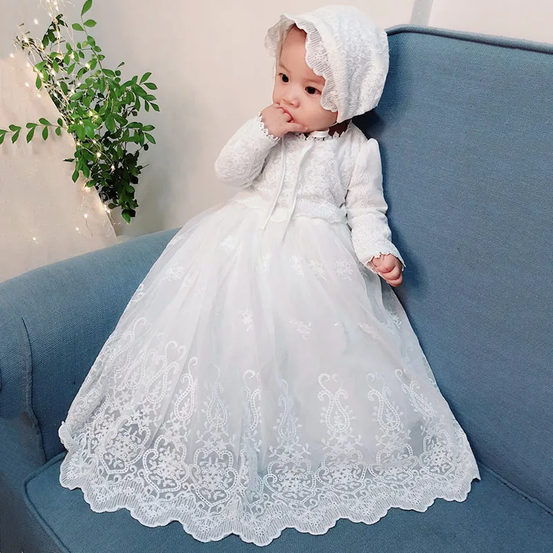 Baby Mädchen Weißes Taufkleid Bebe Langarm Geburtstag Stickerei Vintage Kleid Mesh Taufkleid mit Hut für Neugeborene 12M F1130