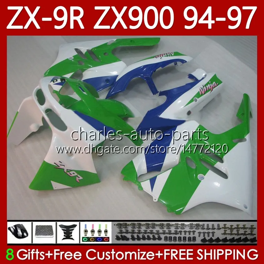 Verkleidungsset für KAWASAKI NINJA ZX-9R ZX 9R 9 R 900 CC ZX9 R ZX9R 94 95 96 97 Karosserie 100No.81 ZX900 Grün Blau 900CC ZX-900 1994 1995 1996 1997 ZX900C 94-97 OEM MOTO Body