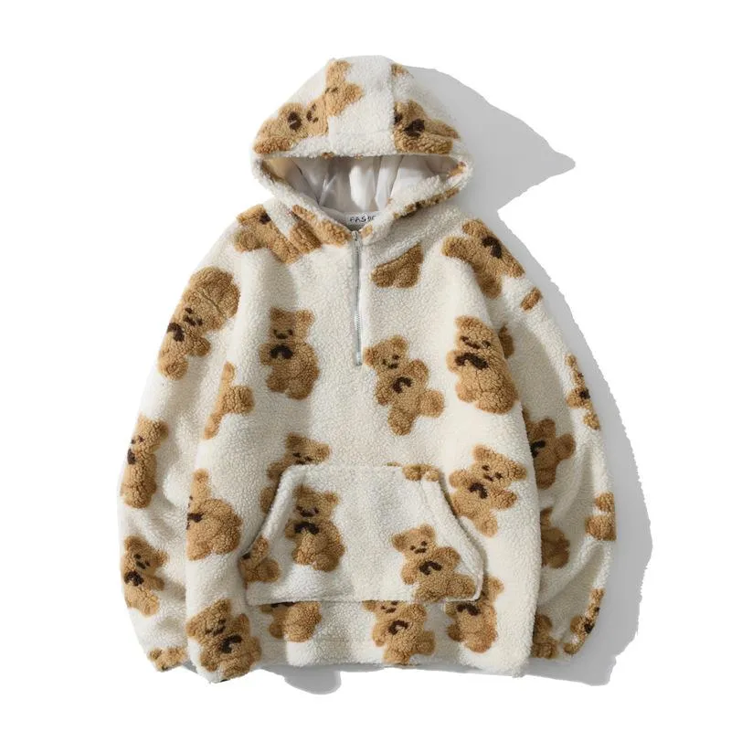 Heren Hoodies Sweatshirts Sudaderas Fashion Lamb Wol Dikke 2021 Herfst Winter Vintage Bear Print Hooded Pullover Paar ZIP UP Sweatshi