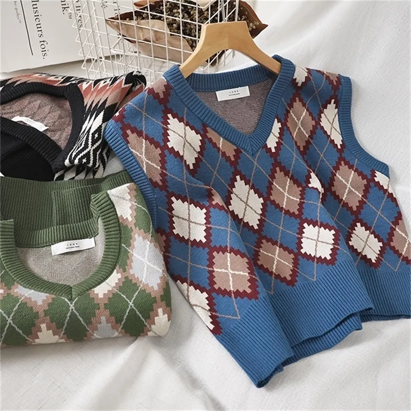 Estilo formal de malha colete mulheres tricotadas argyle sweater colete sem mangas xadrez cintura outono curto outwear chalecos para mujer 201214