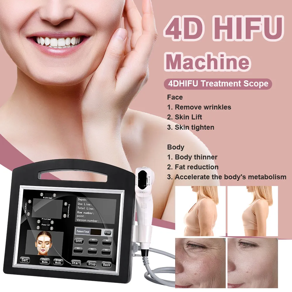 Multifunktionell skönhetsutrustning 12 linjer hifu 4d rynk borttagning ansiktslyftkropp bantning icke-kirurgisk fokuserad ultraljudsmaskin med 3,0 mm 4,5 mm patroner