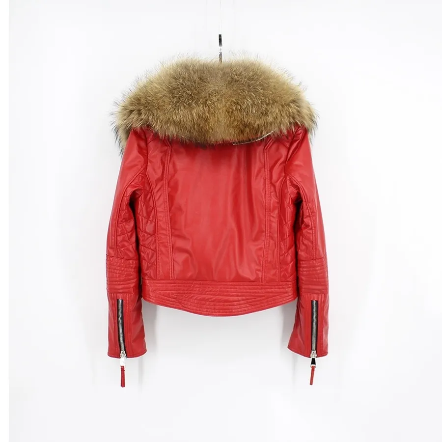 genuine sheepskin leather jacket with big raccoon fur collar (4)
