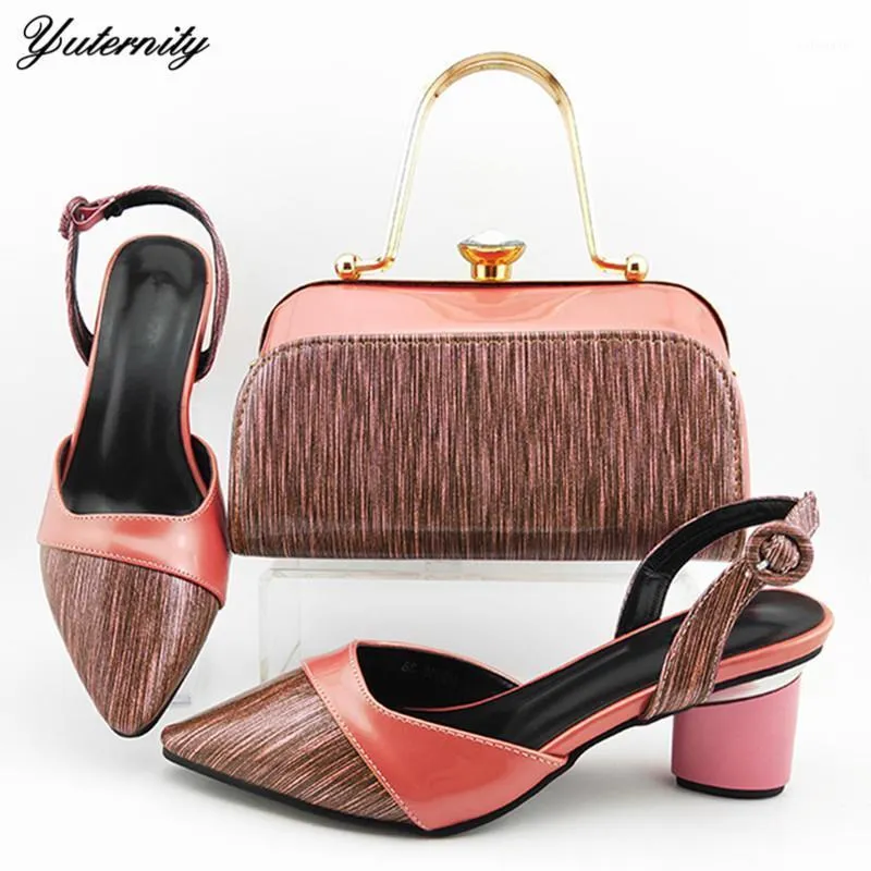 Dress Shoes Summer Desgin PU Leather Pink Color And Bag Set Italian Fashion High Heels To Match For Wedding