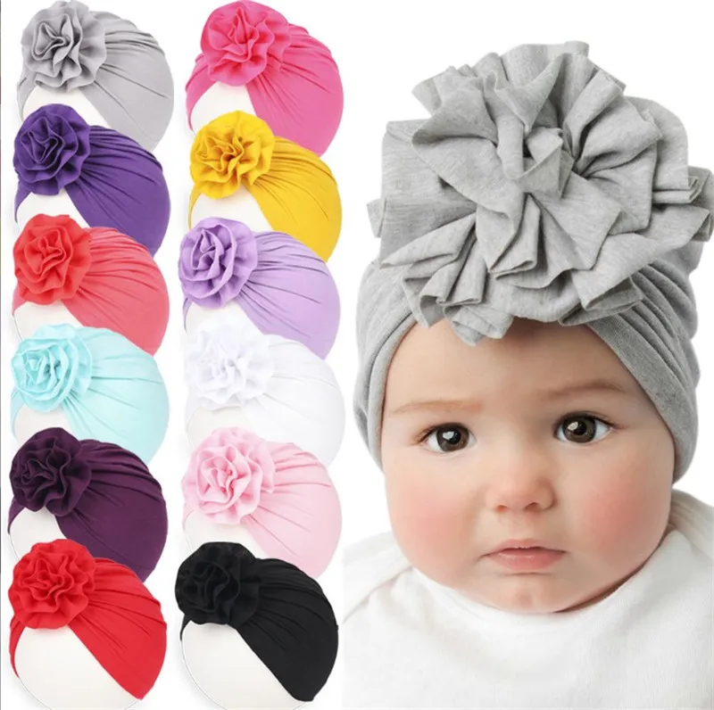 12 Cores Bebê Bonés Bonito Menina Menino Nó Indiano Big Flor Turbante Turbante Capacidade Kids Head Envoltório Sólido SoftWrap Headwrap Ribbed Algodão Beanie Beanie