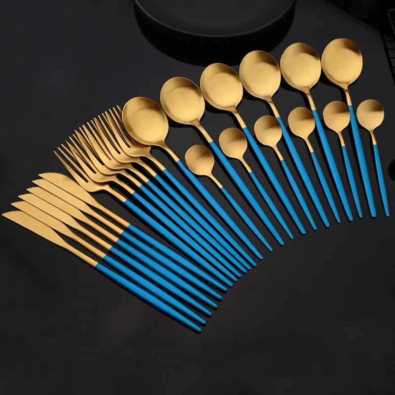 Serverar sätter 6people Blue Gold Matte Set Rostfritt Stål Porslin Bestick Bestick Silver Kniv Fork Sked Köksbruk