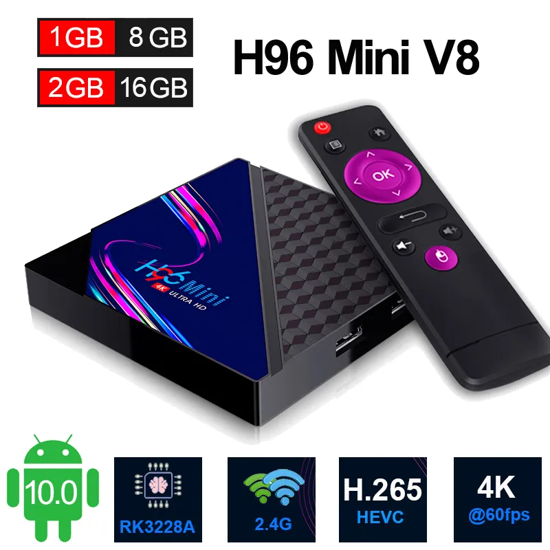 Android 10.0 TV Box RK3228A Quad Core WIFI 4K H.265 Smart Media Player 2GB 16GB 1G8G Set Top Boxes H96 Mini V8 Android10 TVBox
