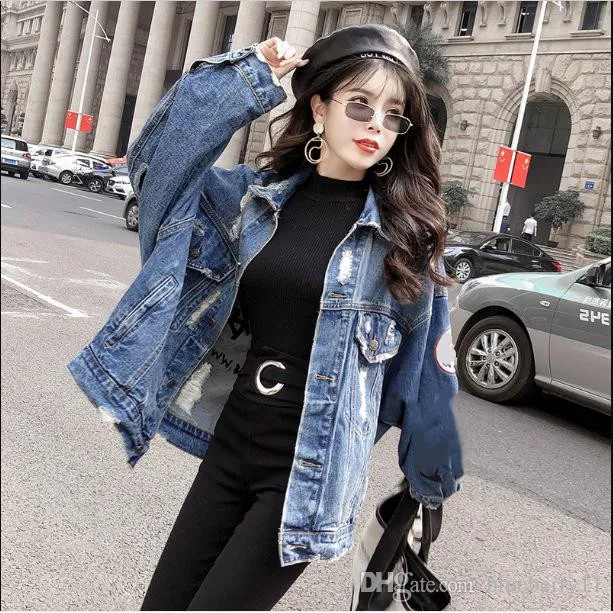 2019 Spring Autumn leather Crop Denim Jackets Women Casual Jeans Bomber Jacket Long Sleeve Denim Coat Plus Size