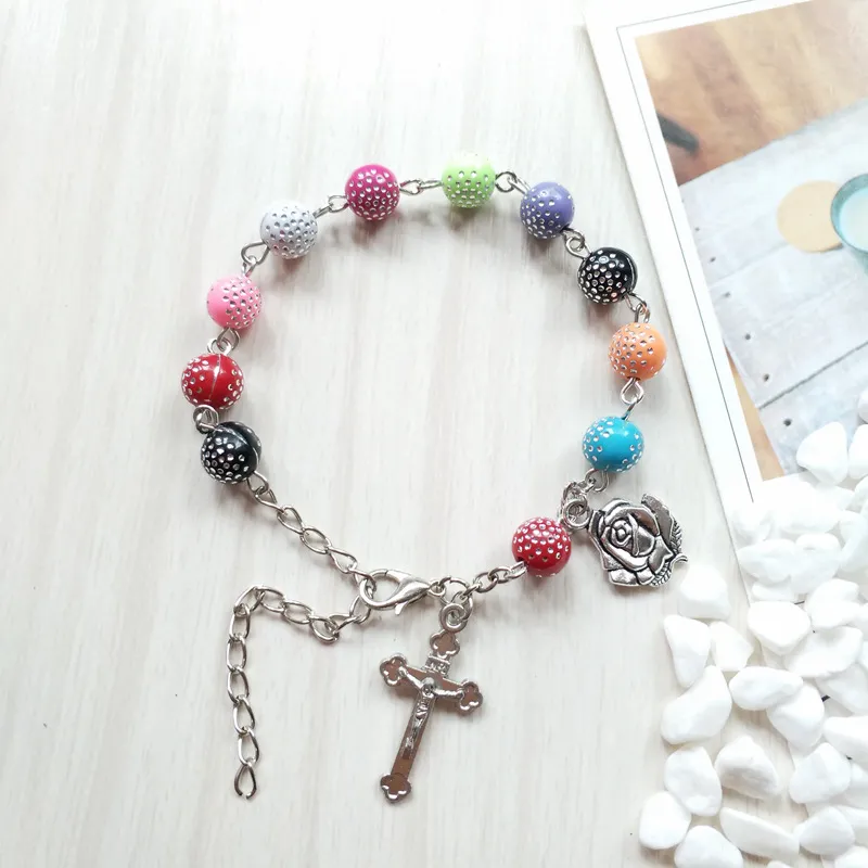 Multicolor plast rosary armband kvinnor kors religiösa smycken