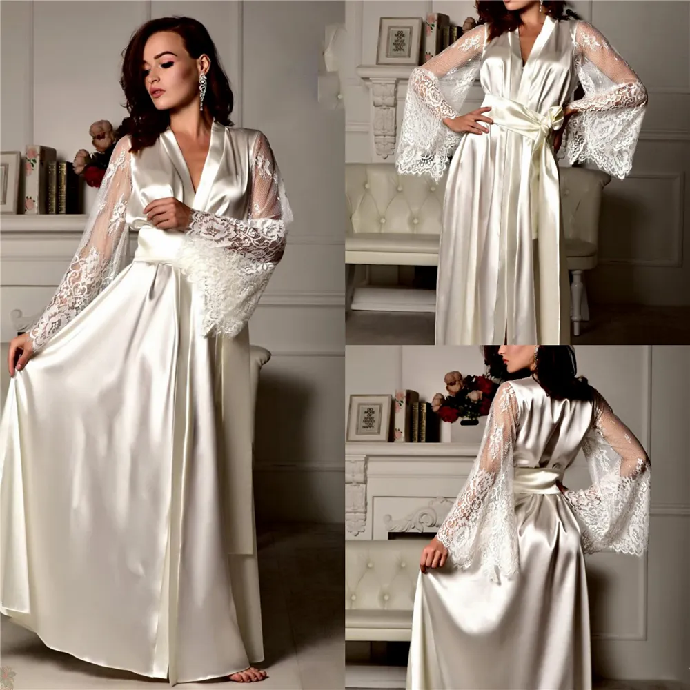 Chic Ivory Satin Silk Night Robes Kvinnor Lace Appliques Långärmad Photoshoot Dress Båda Robe Formell Event Overlay Sleepwear