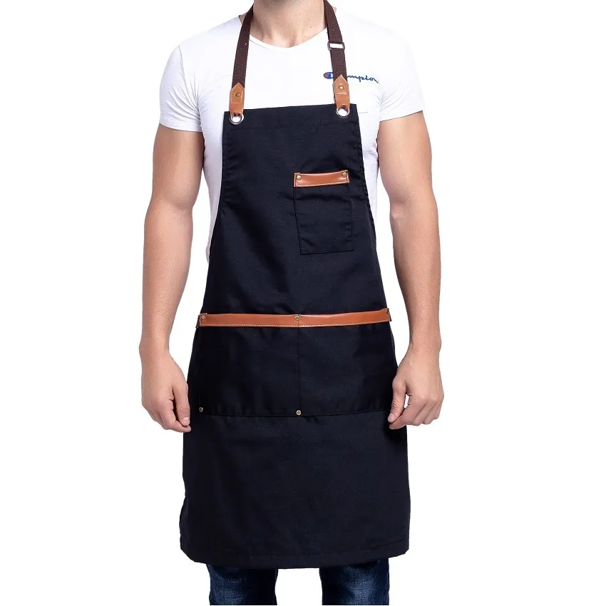 2020 New Canvas Cotton Cooking Grembiule da cucina unisex per donna Uomo Chef in pelle Cameriere Cafe Shop BBQ Parrucchiere Bavaglino uniforme F1214