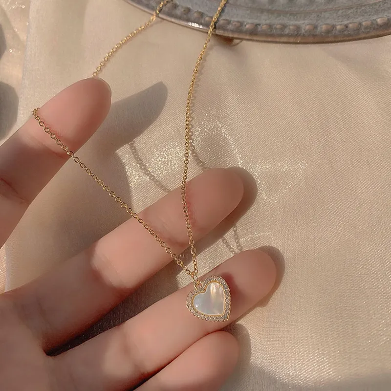 AFSHOR Trendy Fine 14k Real Gold Heart a forma di cuore a forma di opale collane per le donne temperamento gioielli lucido aaa zircone regalo di nozze