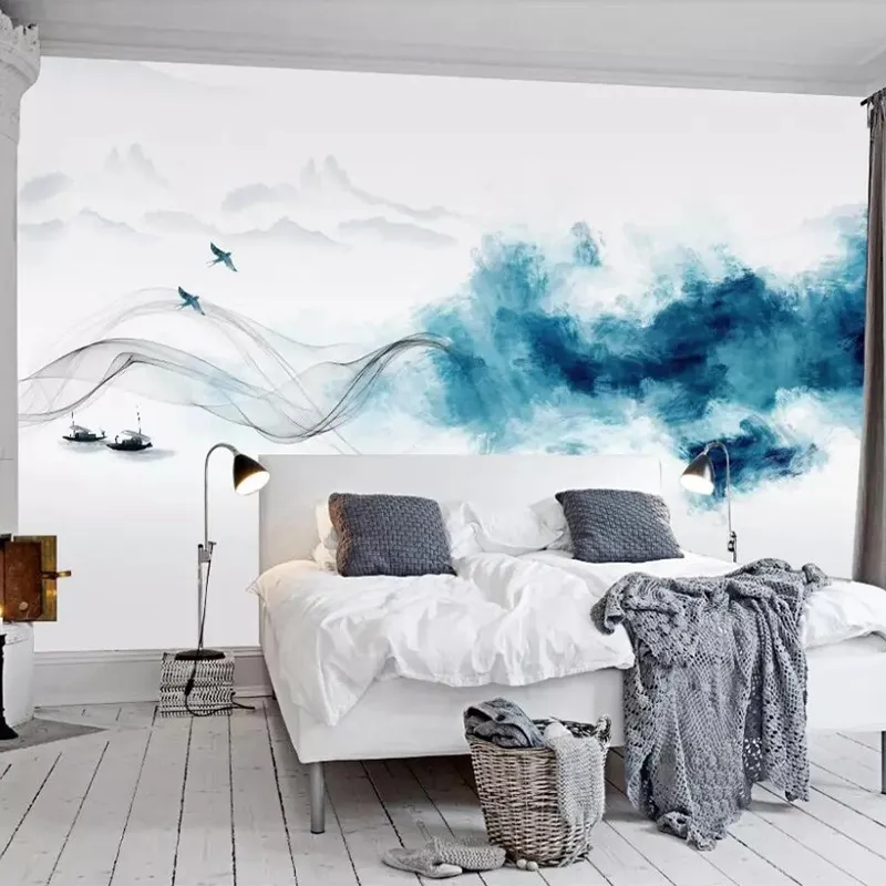 Op maat gemaakte muurschildering behang Chinese stijl abstracte blauwe inkt landschap schilderij woonkamer studie home decor papel de parede