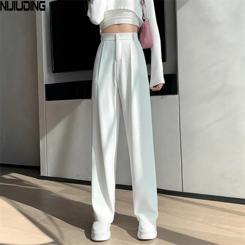 Pantalon décontracté taille haute, jambes larges et amples pour femmes, printemps automne, longueur au sol, costumes blancs, pantalons longs pour dames, 220211