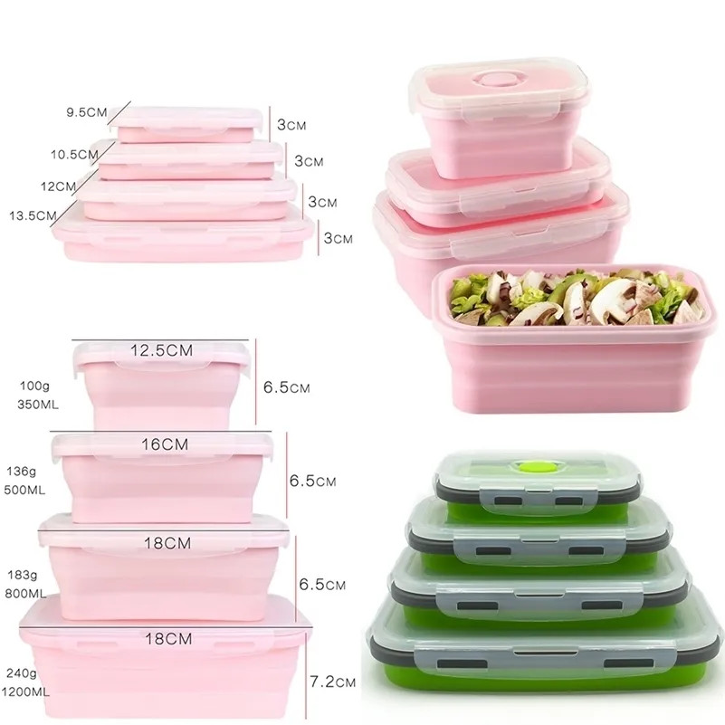 4 шт. / Установлен силиконовый складной Bento Box складная портативная коробка для обеда для пищевой посуды Пищевая контейнерная чаша для детей взрослый 201120