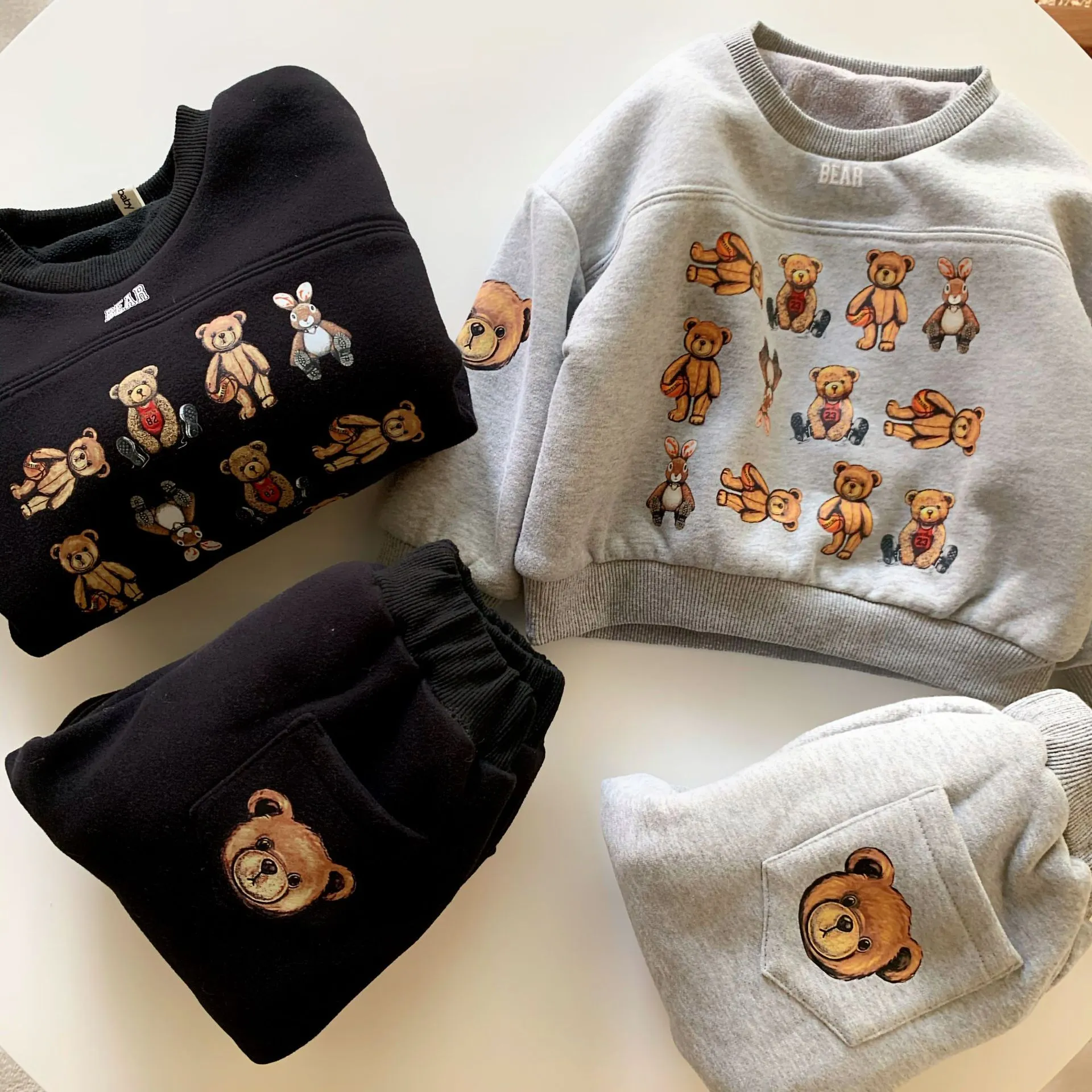 Kids Fashion Clothing Set Winter Hot Sale Thicked Suits Boys Girl Casual Sweatshirts Solid Color Bear Printed Two Pieces Suit Tracksuits