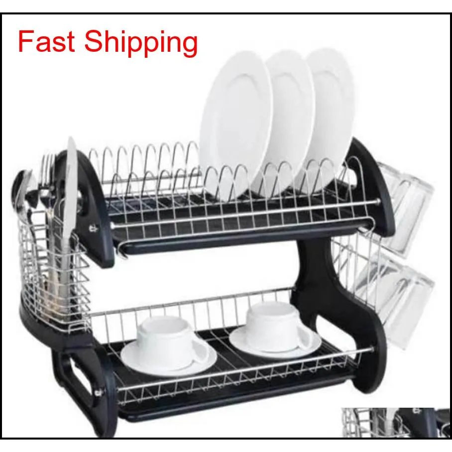 Dish Racks stor kapacitet 2 Tier Dish Drainer Uppgraderat torkställ kök förvaring Rostfritt stål Spoons Colle Qylhsa Packing2010