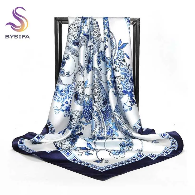 [BYSIFA] China Style Blue White Silk Scarf Cape Design Ladies Muslim Head Printed Fashion Accessories Satin 220106
