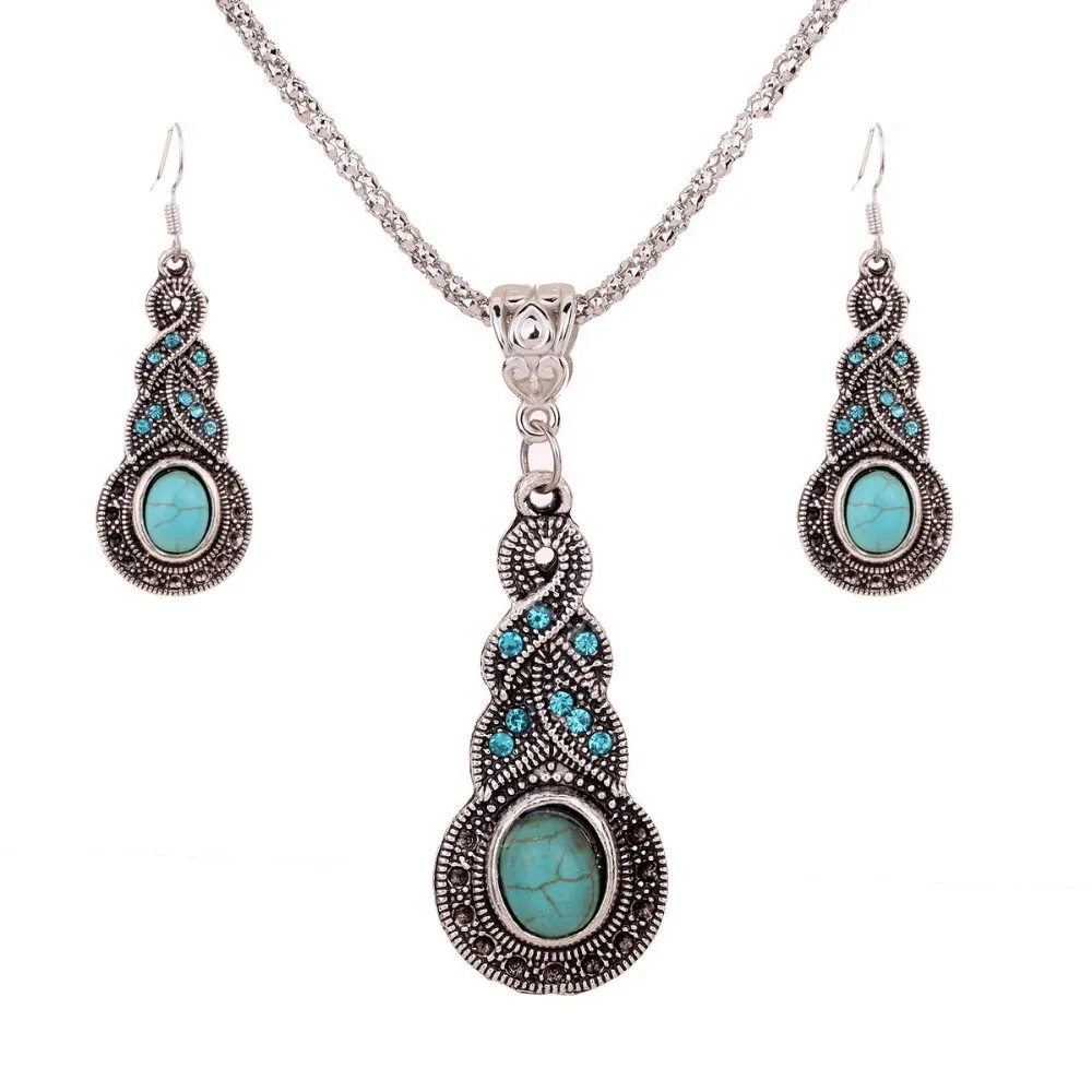 Bohemian Jewelry Set Retro Pattern Blue Crystal Turquoise Necklace Earrings female whoelsale