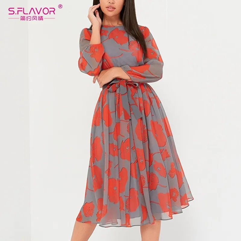 S.Favor Kobiety Drukowanie Casual A-Line Sukienka Elegancki Pełny Rękaw Szyfonowy Boho Vestidos De Jesień Winter Fashion Midi Sukienki 201029