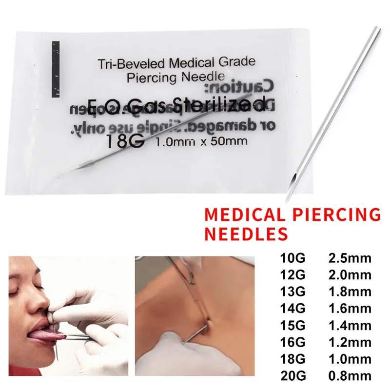 100pcs/set Disposable Sterile Body Piercing Needles Medical Tattoo Piercing Needles For Navel Nipple Ear Nose Lip 12/13/14/15g/16g/18g