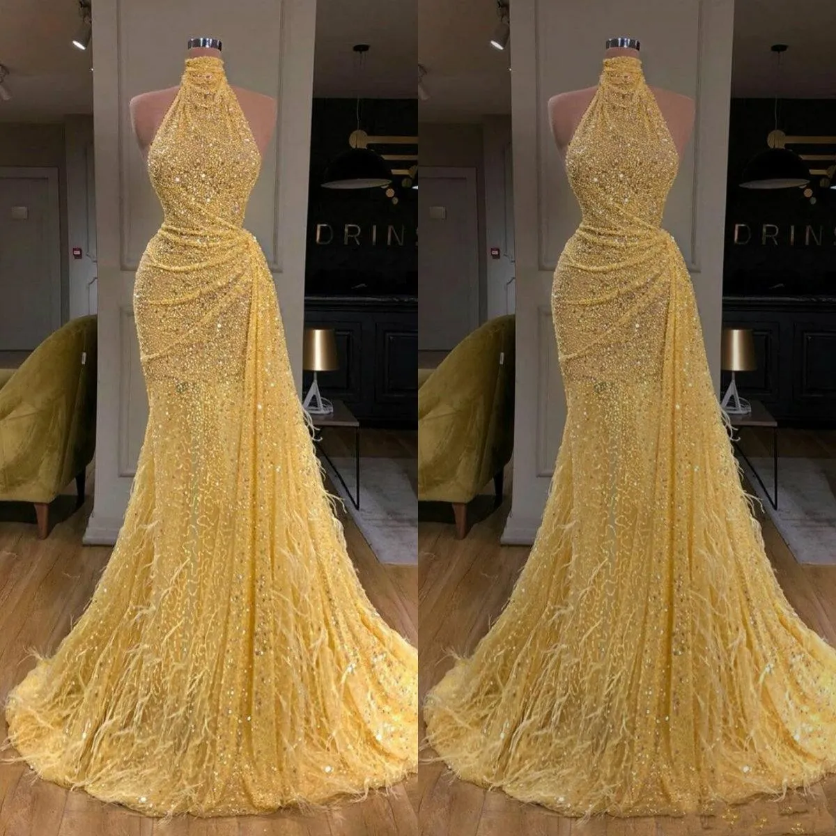 2021 Glitter New Bling Mermaid Evening Dresses Sexy Feather High Neck Sleeveless Yellow Sequins Sequined Lace Formal Party Dress Prom Gowns