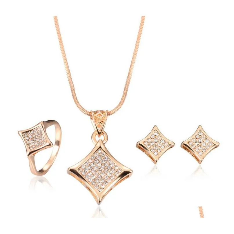 18Kgp Necklace Earrings Rings Sets Fashion Full Rhinestone Crystal Bride Jewlery Sets Women Fine Jewelry Cal1097B Unvqa