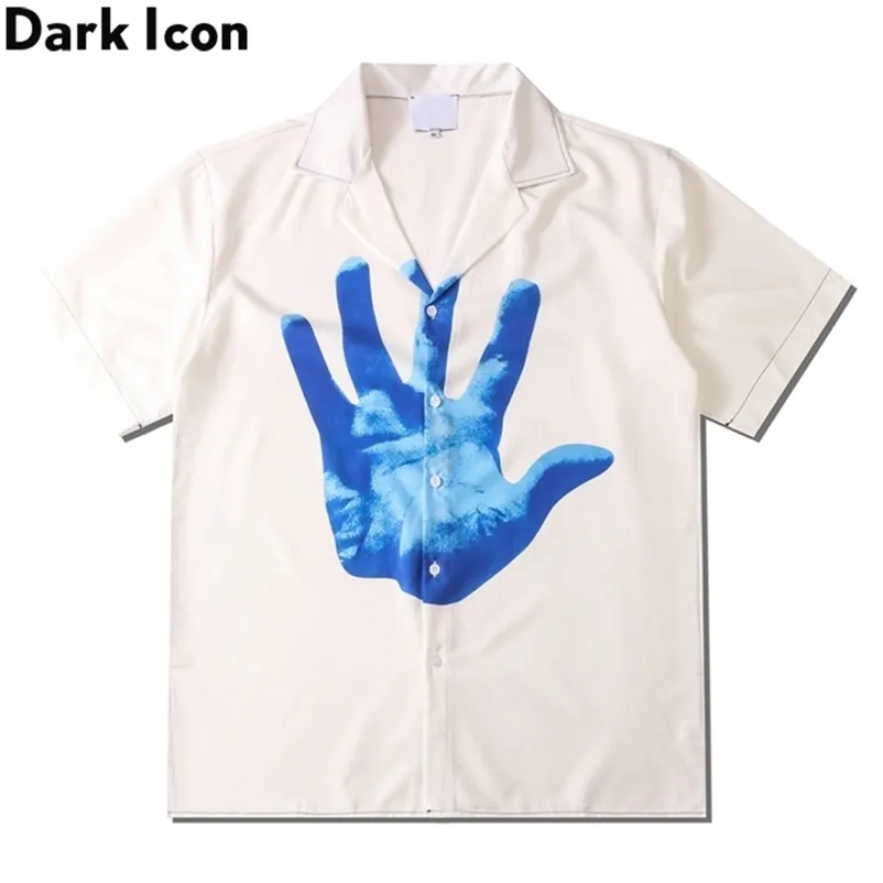 Dark Icon Hand Printed Hawaiian Shirt Men Summer White Polo Shirt Street Fashion Shirts for Man 220222