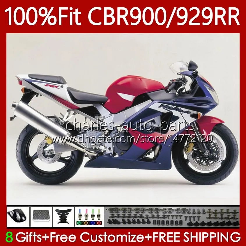 Тело для инъекций пресс-формы для Honda CBR929RR CBR929 CBR 929RR 900RR 900 929 RR CC 00 01 Кузов 68NO.48 CBR900 900CC 929CC 00-01 CBR900RR 2000 2001 OEM Fairing Blue Red Hot