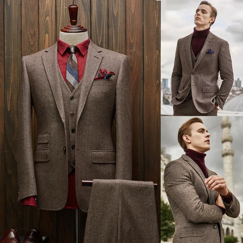 Mens Blazers Harringbone Groom Tuxedos Two-Button Groomsmen Custom Made Best Man Suit Handsome Wedding 3 Pcs Suits (Jacket+Vest+Pants)